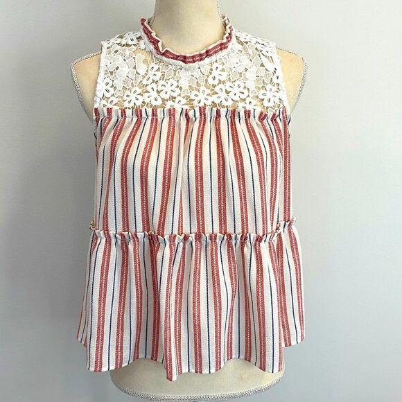 Striped‎ Lace High Neck Sleeveless Blouse - Picture 1 of 6
